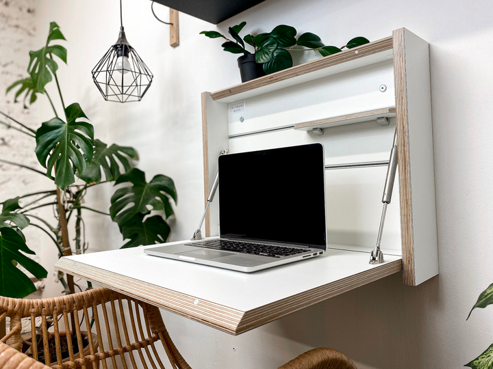 Petit bureau mural pliable avec étagères - Blanc