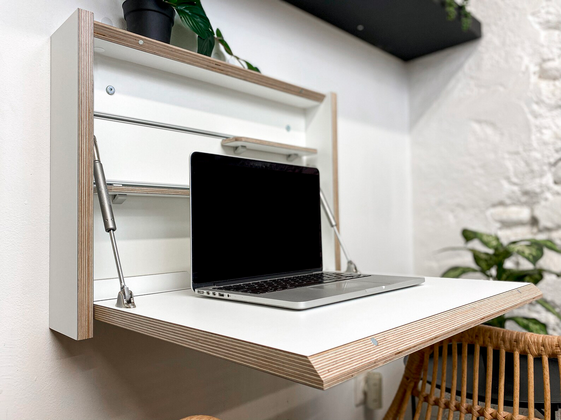 Petit bureau mural pliable avec étagères - Blanc