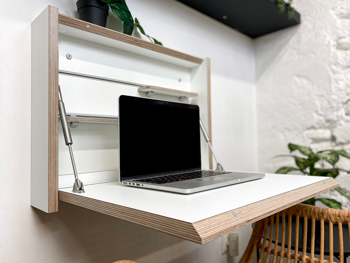 Petit bureau mural pliable avec étagères - Blanc