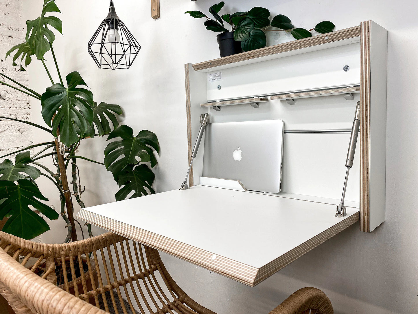 Petit bureau mural pliable avec étagères - Blanc