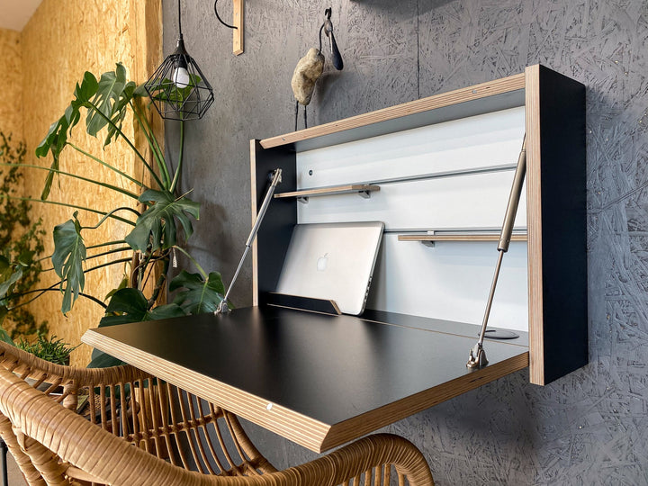 Bureau mural pliable avec étagères - Noir
